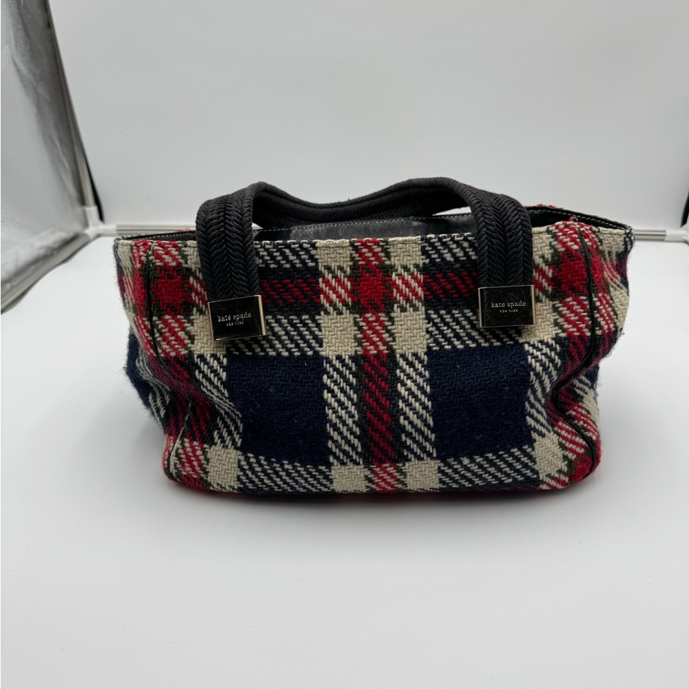 Kate Spade New York Plaid Wool Tweed Small Tote Bag Red Navy Cream